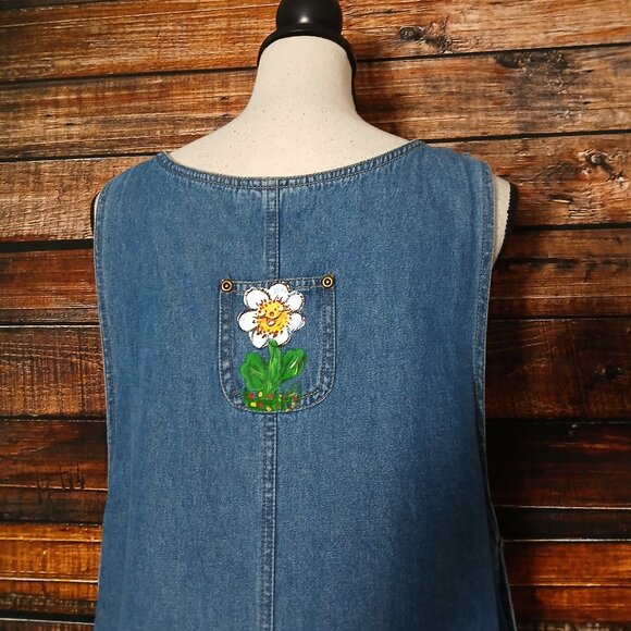 Haiks Maxi Denim Jumper Dress Size L Vintage Hand Painted Frogs & Flowers Slits - Picture 5 of 9